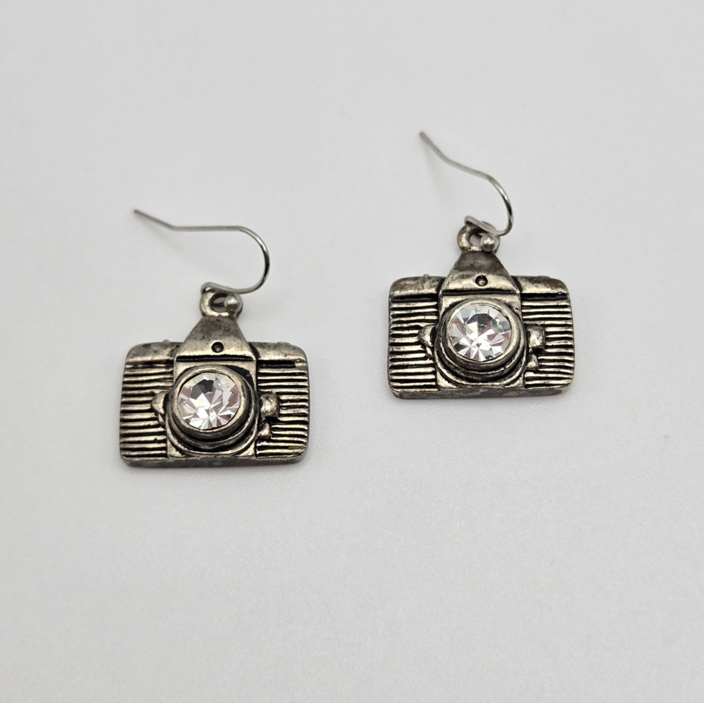 Camera Earrings Silvertone Rhinestone Travel Art Photography Retro Whimsy Fun